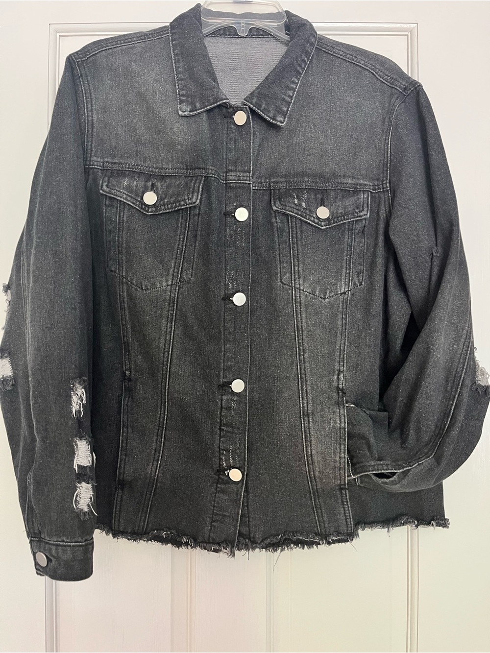 Black Distressed Denim Jacket with Raw Hem